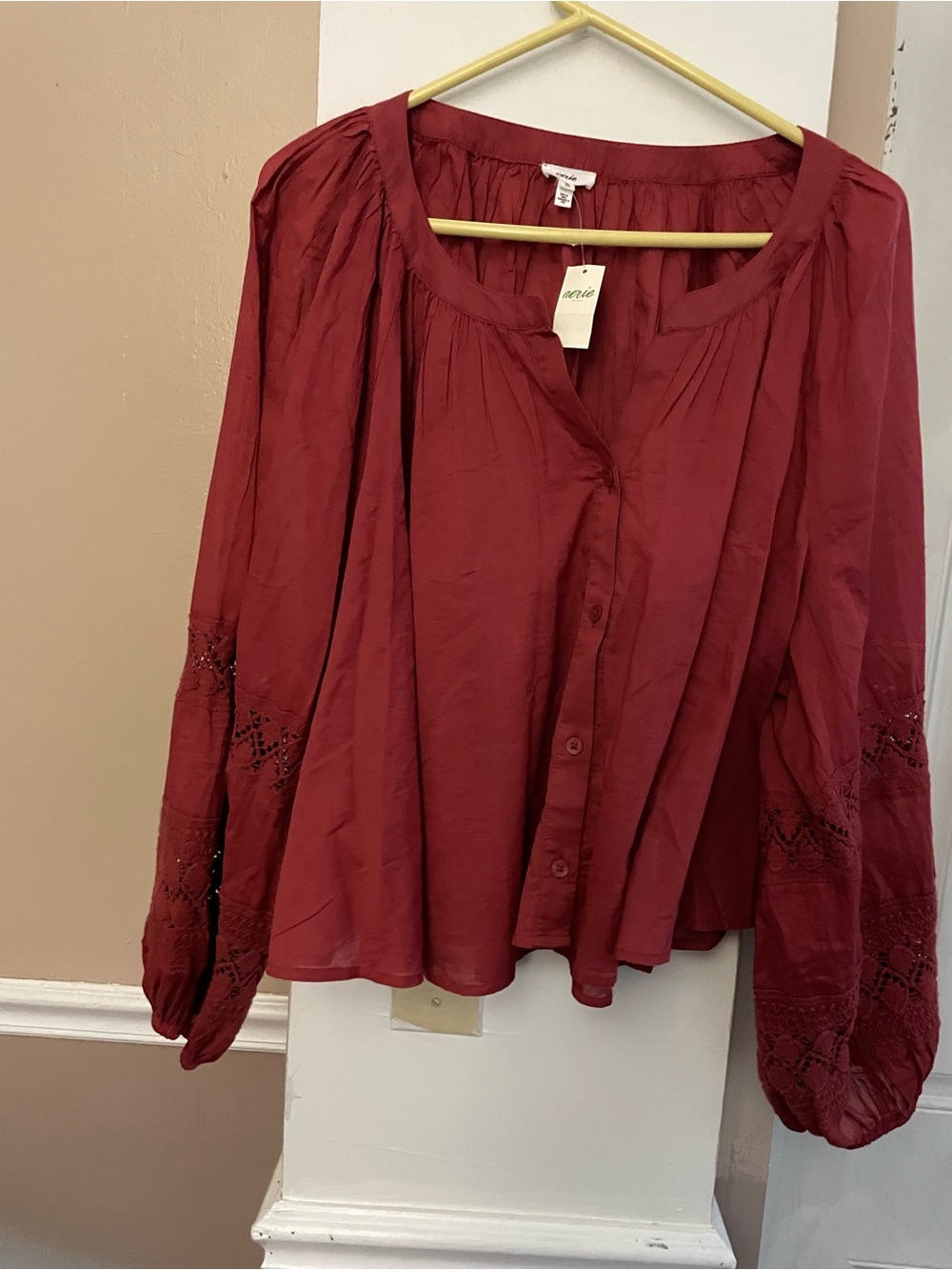 aerie Red Button-Front Peasant Blouse